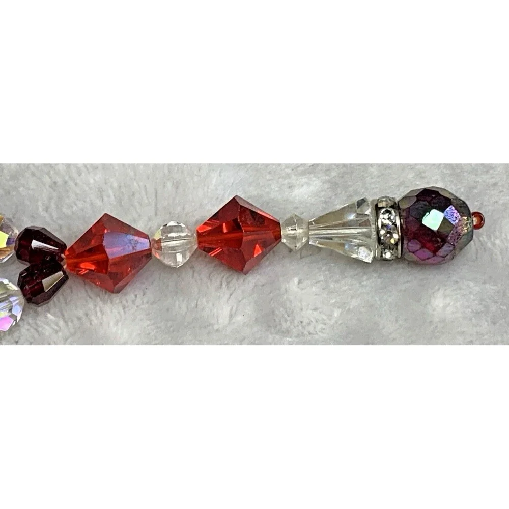 Vintage Red Crystal Beaded Y Drop Necklace Aurora Borealis Mid Century 60s - Picture 6 of 9